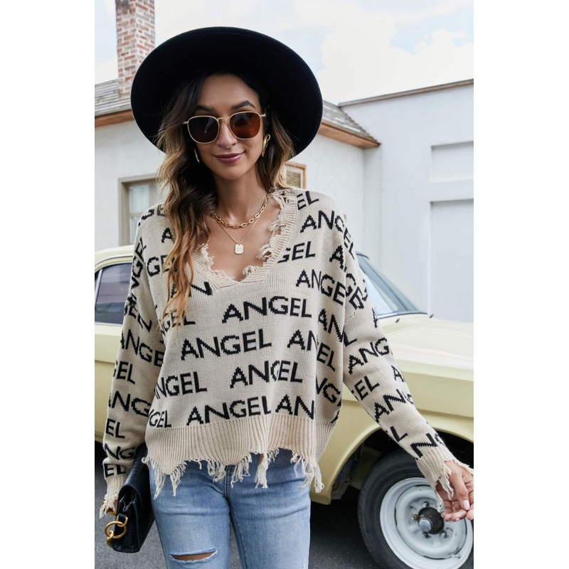 ANGEL Distressed V-Neck Dropped Shoulder Sweater