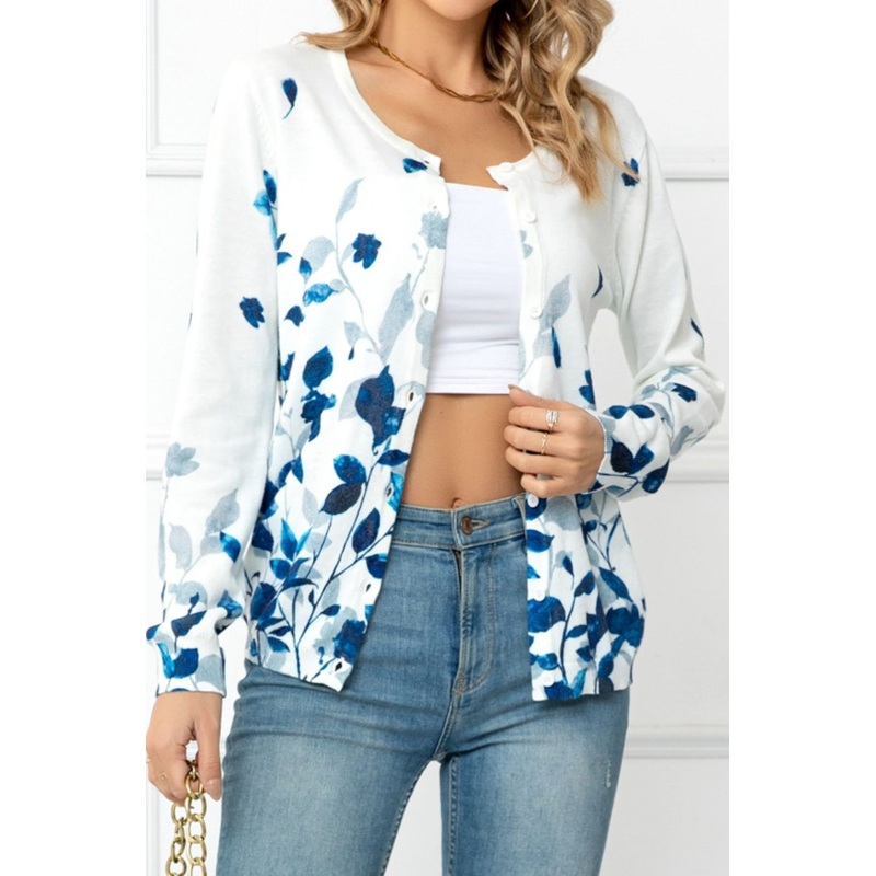 Floral Button Front Round Neck Cardigan