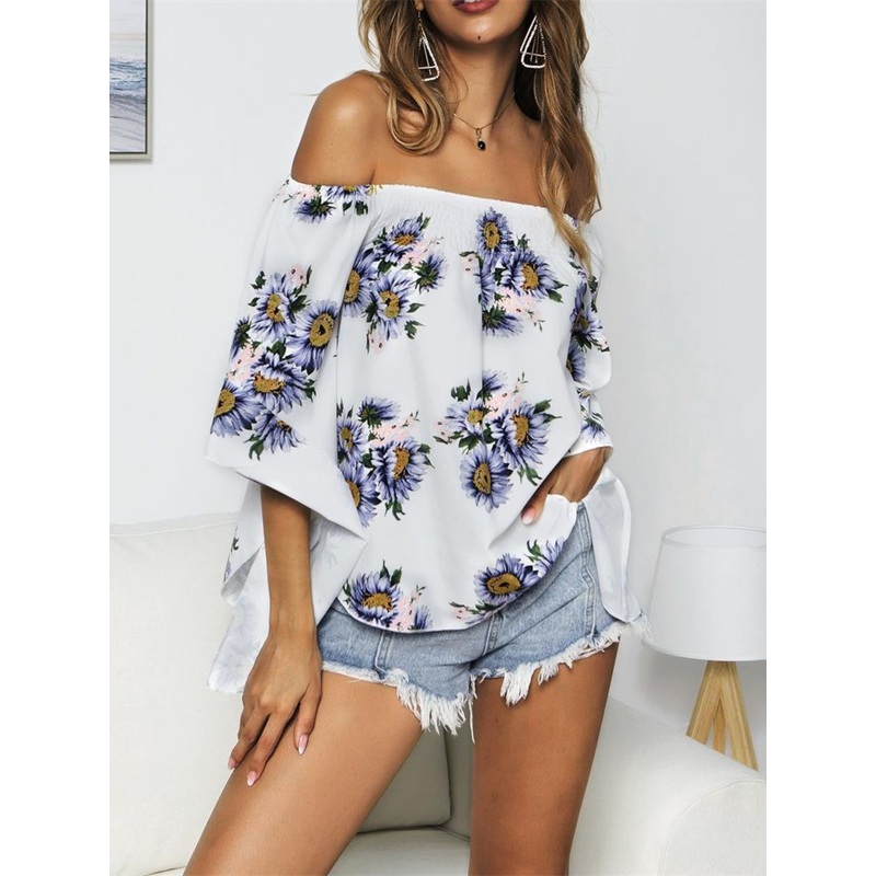 Floral Print Off-Shoulder Flounce Sleeve Blouse