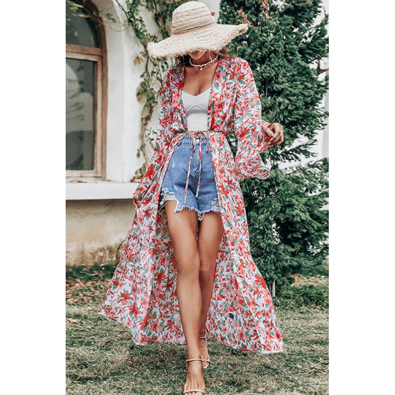 Floral Tie Waist Bell Sleeve Duster Kimono