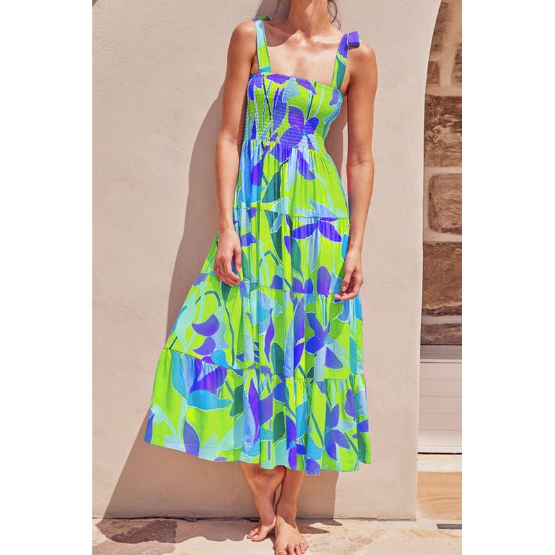 Floral Tie-Shoulder Smocked Midi Dress