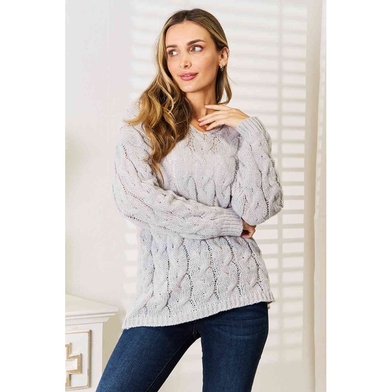 Woven Right Cable-Knit Hooded Sweater