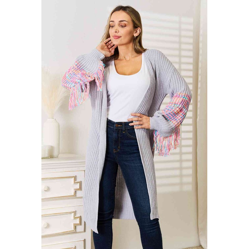 Woven Right Fringe Sleeve Dropped Shoulder Cardigan