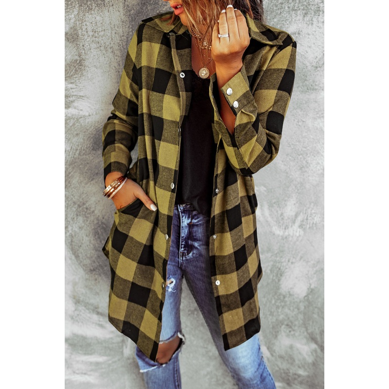 Yellow Turn-down Collar Plaid Shirt Coat