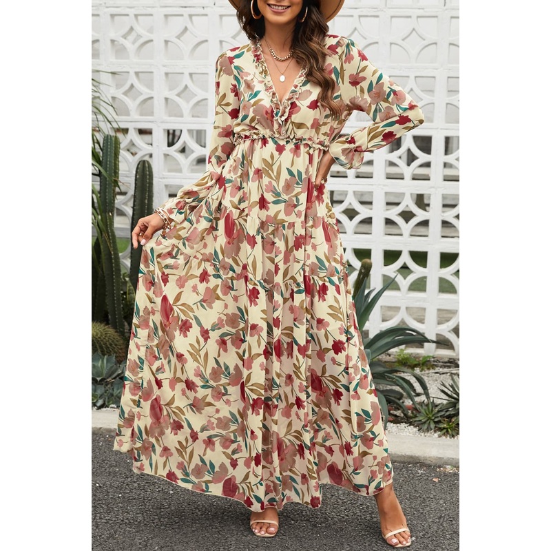 Floral Frill Trim Flounce Sleeve Plunge Maxi Dress