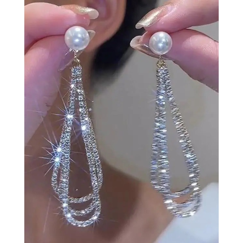 1Pair Pearls Rhinestone Drop Chain Earrings