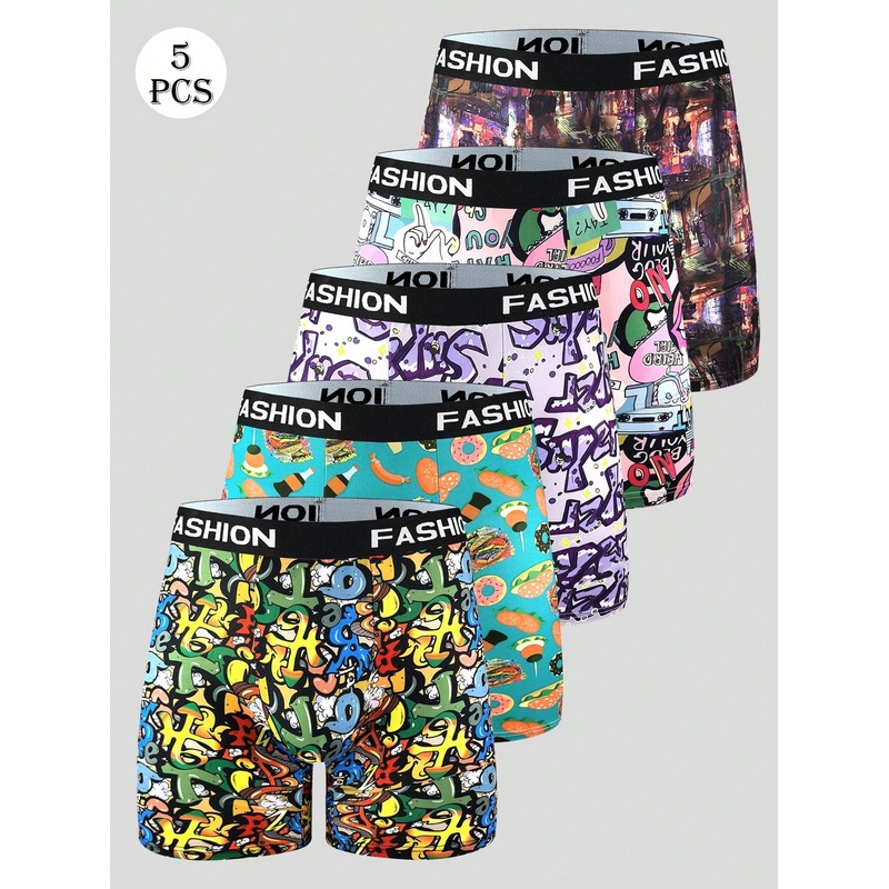 5pcs Men Boxer Briefs Fashion Letter Ribbon, Alphabet Burger Food Print Underwear Young And Trendy Style Trunks High Stretch