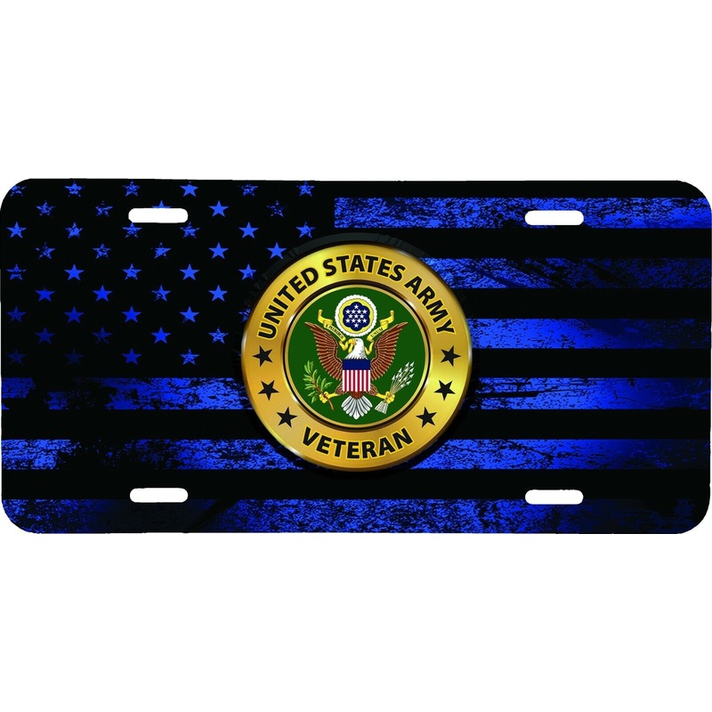 ARMY VETERAN DISTRESSED BLUE FLAG EMBOSSED LOOK VEHICLE LICENSE PLATE AUTO CAR