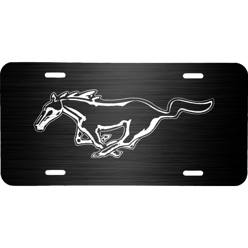 BLACK BRUSHED STEEL LOOK MUSTANG LOGO VEHICLE LICENSE PLATE FRONT TAG .040 GA