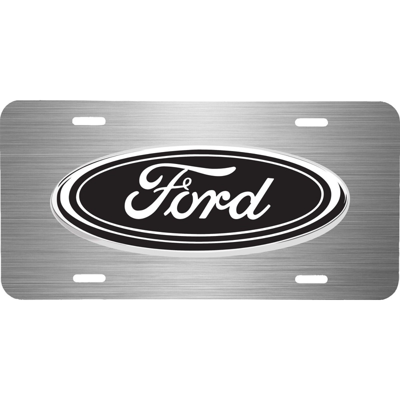BLACK FORD WITH BRUSHED STEEL LOOK VEHICLE ALUMINUM LICENSE PLATE TAG .040 GA