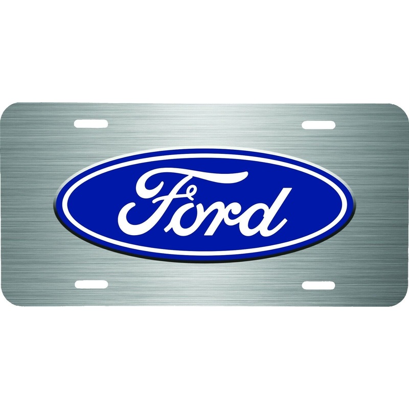 BLUE FORD BADGE WITH BRUSHED STEEL LOOK VEHICLE ALUMINUM LICENSE PLATE TRUCK TAG