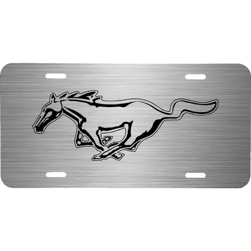 BRUSHED STEEL LOOK MUSTANG LOGO VEHICLE LICENSE PLATE AUTO CAR FRONT TAG PRINTED