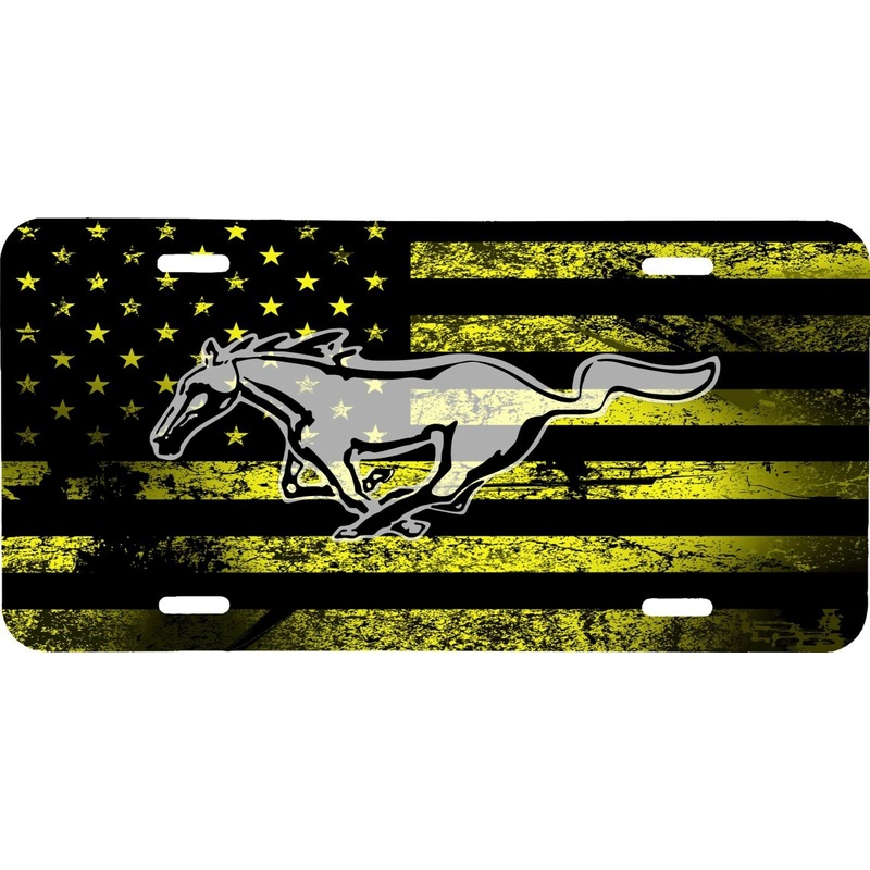 YELLOW DISTRESSED AMERICAN FLAG MUSTANG LOGO VEHICLE LICENSE PLATE TAG .040 GA