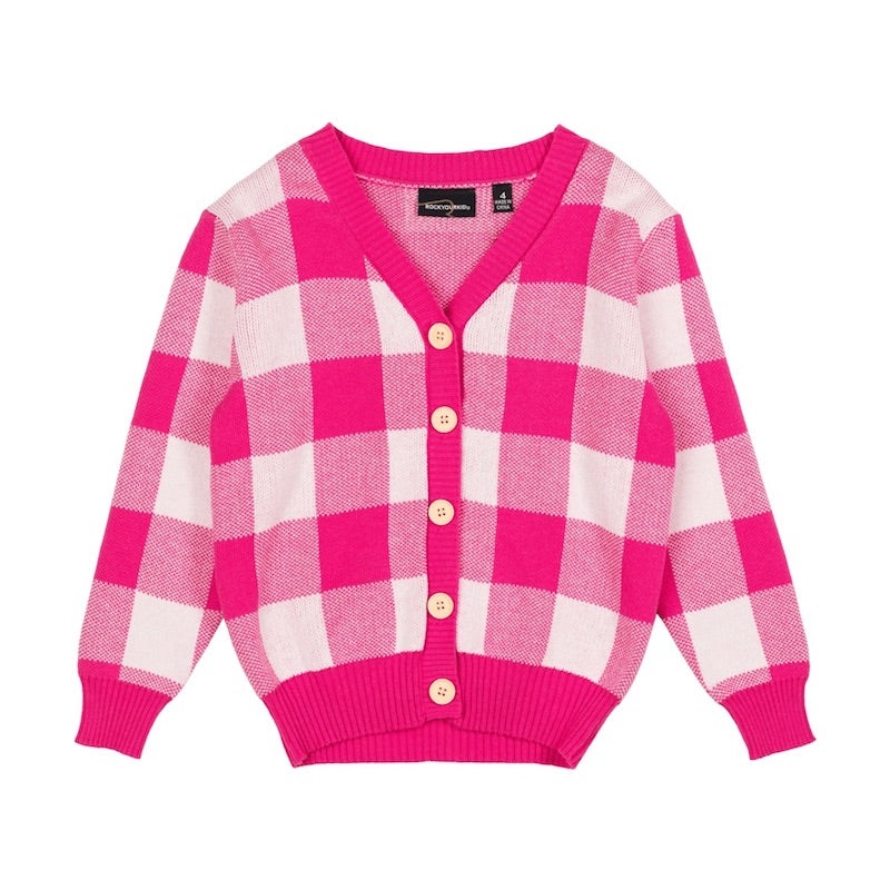 Rock Your Kid Pink Checkered Knit Cardigan
